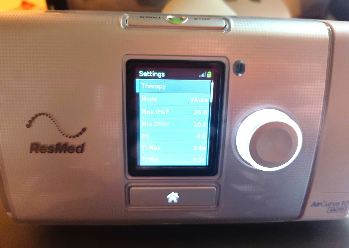 Close-up of a ResMed PAP device settings screen